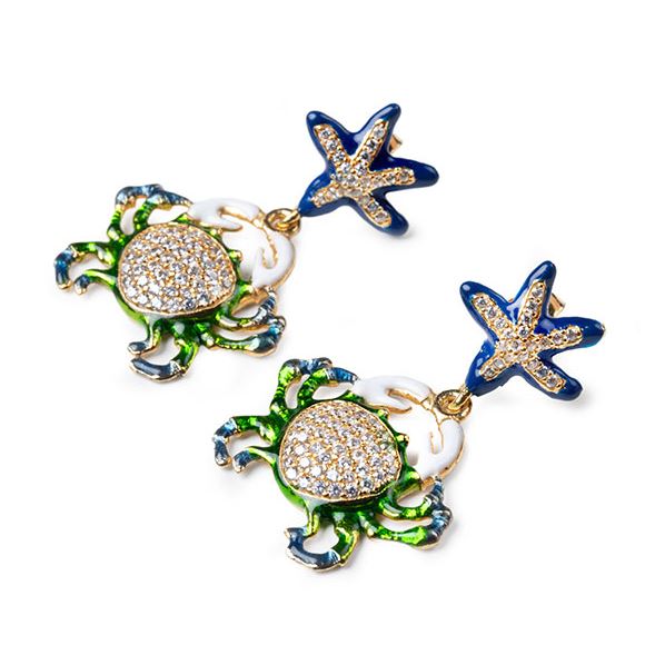 Orecchini Stella e Granchio in argento sterling 925 placcato in oro e smalti con Cubic Zirconia. - immagine 2